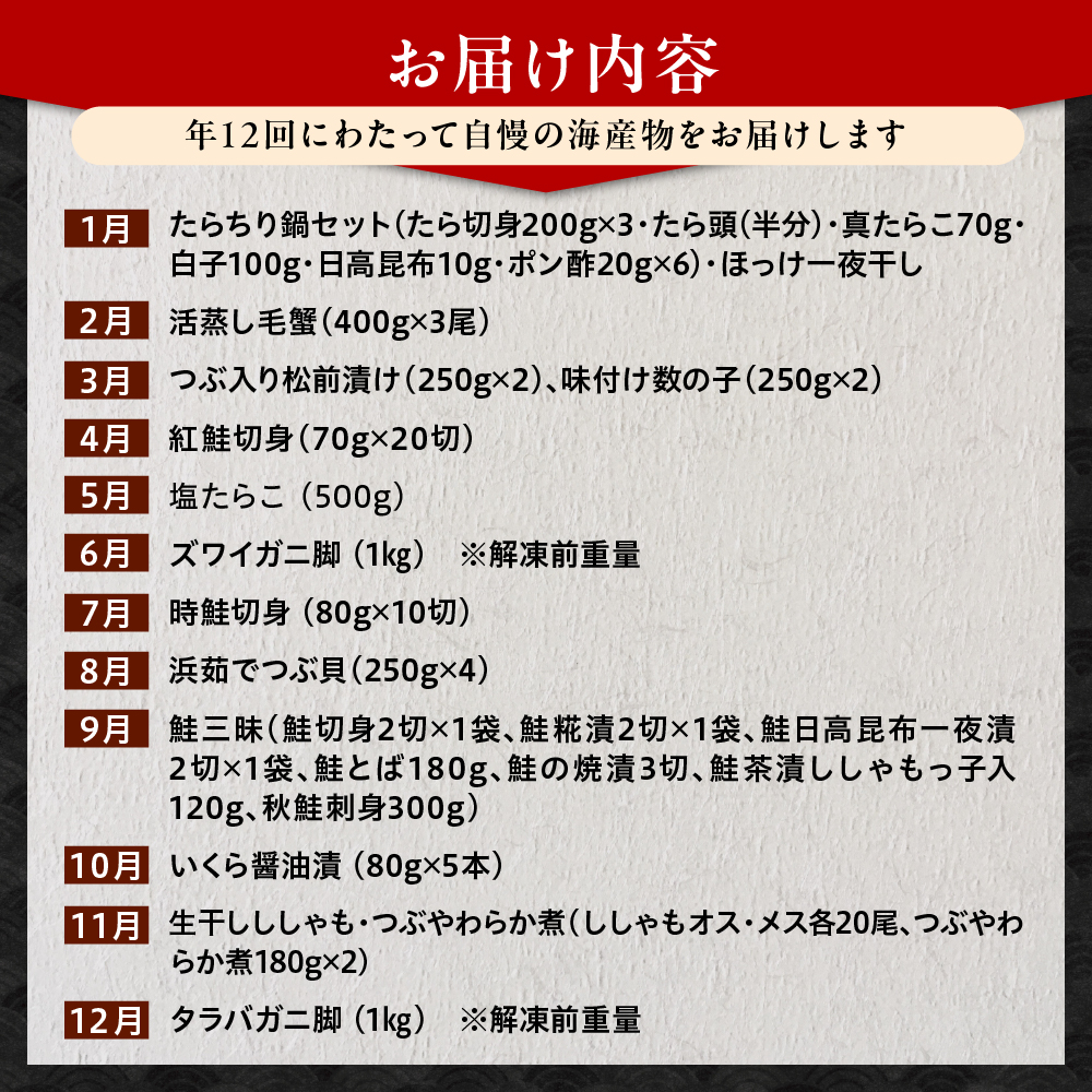 定期便 北海の味わい 毎月お届けコース年１２回　【er001-041-d】海鮮 / たらちり鍋セット 毛がに 松前漬 数の子 紅鮭 たらこ ずわいがに ボイル済み 時鮭　灯台つぶ つぶ貝 鮭切身 いく