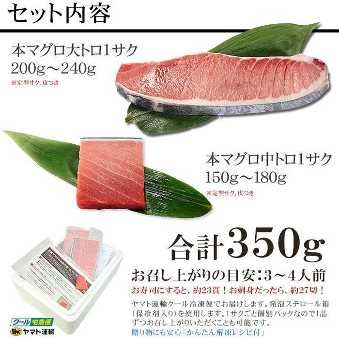 【単品】本マグロ 大トロ 中トロ セット 350g　解凍レシピ付　1サクずつ真空包装【DG012】|いわき市 ふるさと納税 株式会社東日本貿易 鮪 本鮪 本まぐろ マグロ 大トロ 大とろ トロ とろ 
