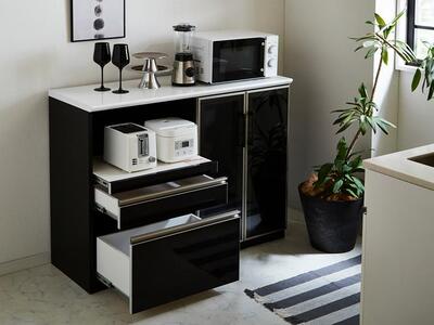 （ホワイト）【開梱設置】 ゼブラ キッチンカウンター 幅120cm キッチン収納 レンジ台 完成品 大型レンジ対応 ブラック スライド 大川家具 日本製