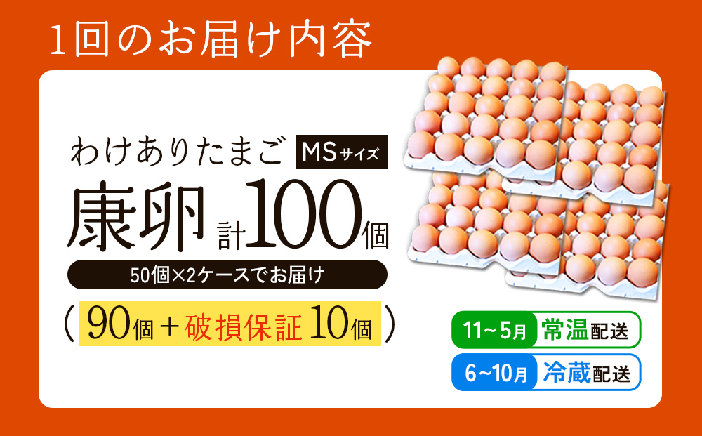 【3回定期便】卵【わけあり】霧島山麓育ち こだわり卵 康卵 MSサイズ 50個 × 2ケース 計 100個（90個 + 割れ保証 10個） たまご 玉子 タマゴ 卵焼き 玉子焼き たまご焼き 生卵 鶏卵 平飼い 放し飼い たまごかけごはん 国産 九州産 宮崎県産 送料無料
