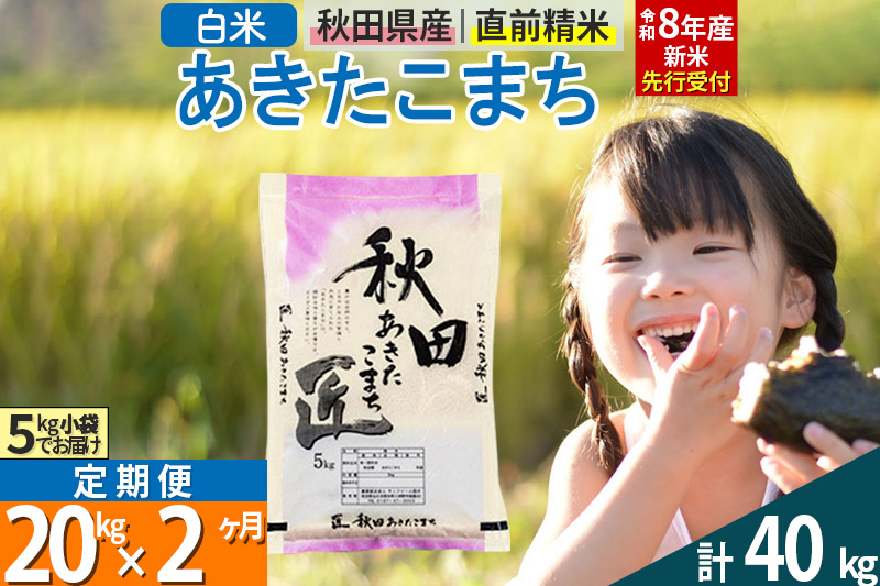 【白米】＜令和8年産 新米予約＞ 《定期便2ヶ月》秋田県産 あきたこまち 20kg (5kg×4袋)×2回 20キロ お米 匠