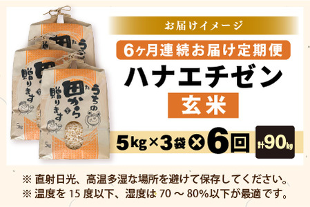 【先行予約】【令和8年産・新米】定期便 ≪6ヶ月連続お届け≫ ハナエチゼン15kg×6回 計90kg ～本原農園からまごころコメて～（玄米）【2026年9月上旬以降順次発送予定】 [N-8905_02