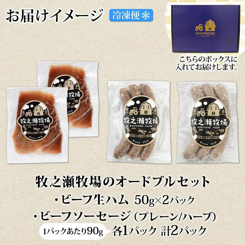 牧之瀬牧場 オードブル 生ハム 2パック ソーセージ 各1パック ビーフ プレーン ハーブ 牛 牛肉 おつまみ BBQ アウトドア 詰め合わせ 北海道 弟子屈町 3229