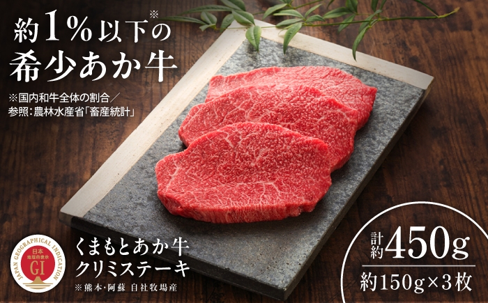 
                  【令和8年度熊本地震復興支援】【GI認証】くまもとあか牛クリミステーキ 約150g×3枚 /  菊陽町 ステーキ 赤身 あか牛 あかうし BBQ バーベキュー 贈り物 贈答 おすすめ お手軽 熊本県 肉 にく ギフト グルメ ブランド 旨み くまもとあか牛 和牛 阿蘇 自然 自社牧場 直接 最高 上質 牛 牛肉 ぎゅうにく ぎゅう肉 冷凍 贅沢 【有限会社 三協畜産】[BHAS011]
                