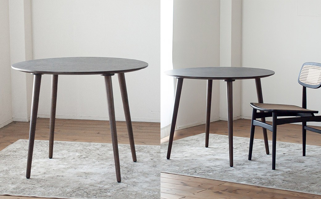 モルタル調メラミン材のラウンドダイニング （80cm） 木部ウォルナット色