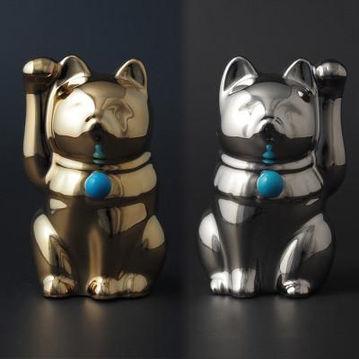 ふるさと納税 瀬戸市 【招き猫】瀬戸焼 Jeramic 2体セット ゴールド&amp;プラチナ ターコイズ(12月)