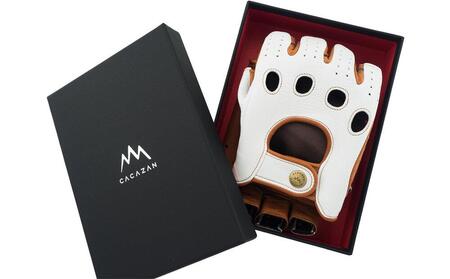 ドライビンググローブ ハーフフィンガー  カカザン  CACAZAN 革手袋 レザーグローブ 【カラー：アイボリー×キャラメル／サイズ：L】