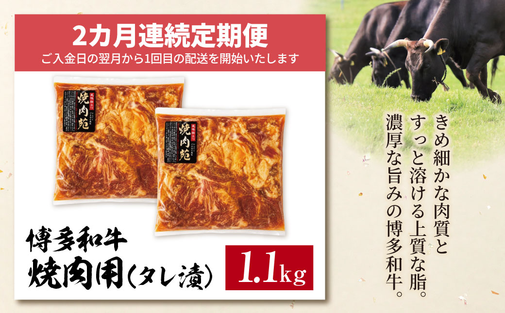 定期便 博多和牛 A4ランク以上 焼肉用タレ漬 1.1kg (年2回) 【定期】1.1kg（年2回）