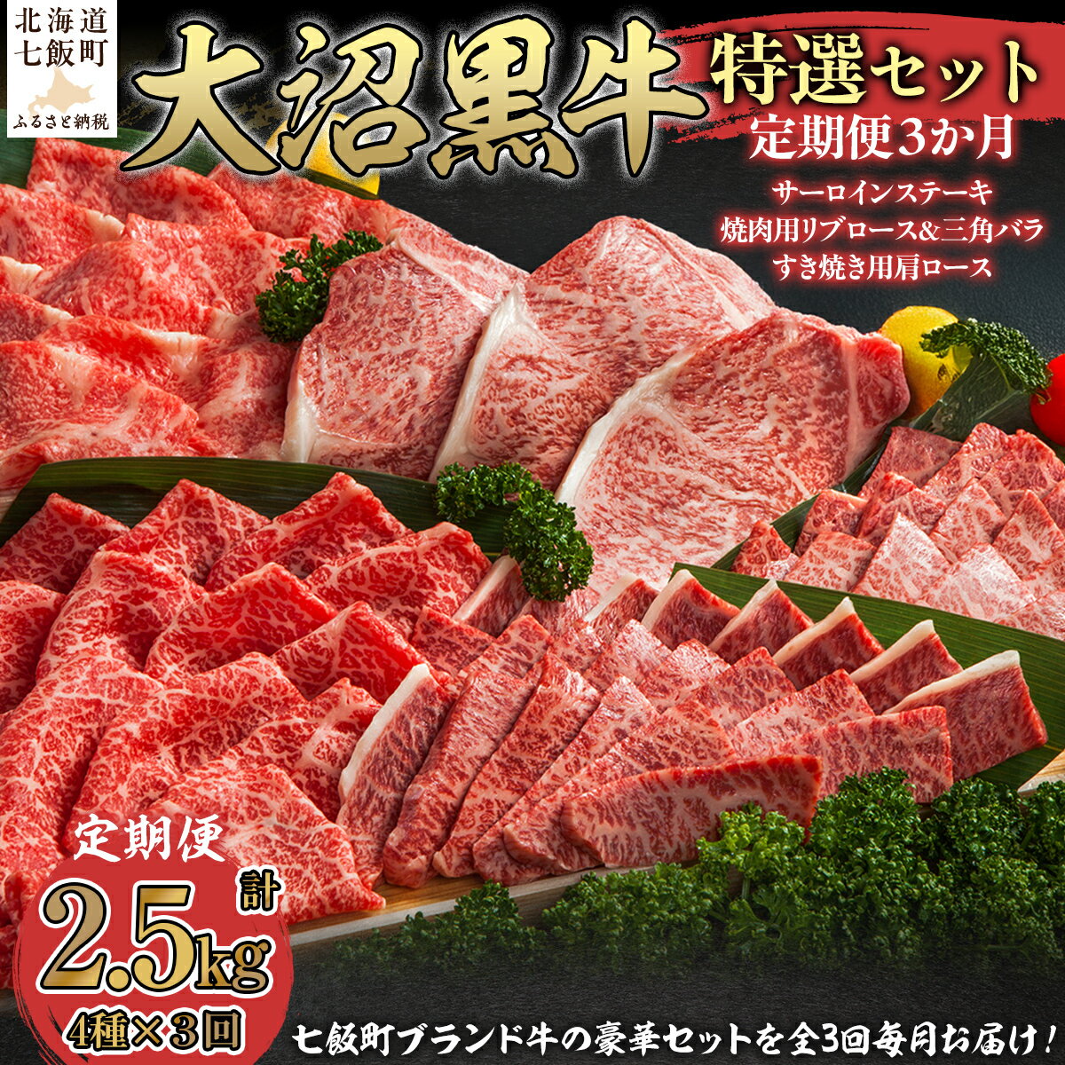 【ふるさと納税】定期便セット定期3カ月　大沼黒牛の特選セット 【ふるさと納税 人気 おすすめ ランキング 北海道ブランド牛 大沼黒牛 黒毛和牛 サーロイン リブロース 焼肉 肩ロース おいしい 北海道 七飯町】 NAM059