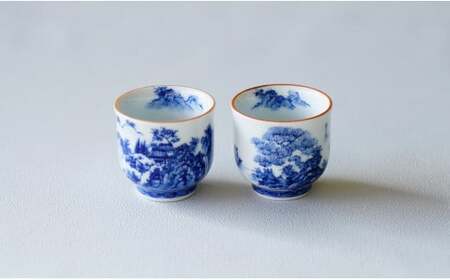 有田焼 手描き 山水絵 ぐい呑み 絵変り 2個セット【起山窯】食器 器 うつわ 酒器 ぐい呑み おちょこ セット ペア 電子レンジ対応 co012