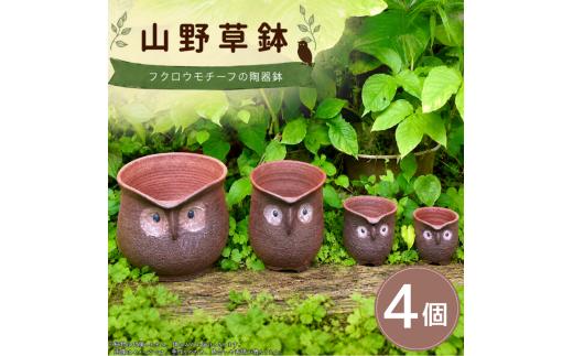 山野草鉢 陶器 手作り フクロウモチーフ 4個 セット 一点物 陶器鉢 美郷の土使用 陶芸品 植木鉢 多肉植物 山野草 観葉植物 寄せ植え インテリア ガーデニング 陶芸 徳島県 吉野川市