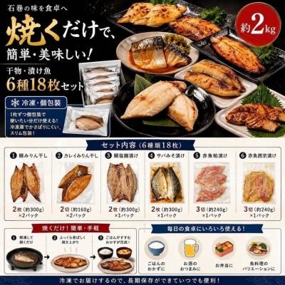 ふるさと納税 石巻市 焼くだけ 小分け 干物セット 漬魚 6種18枚 約2kg 冷凍 詰め合わせ 鯖 カレイ 赤魚 みりん |  | 01