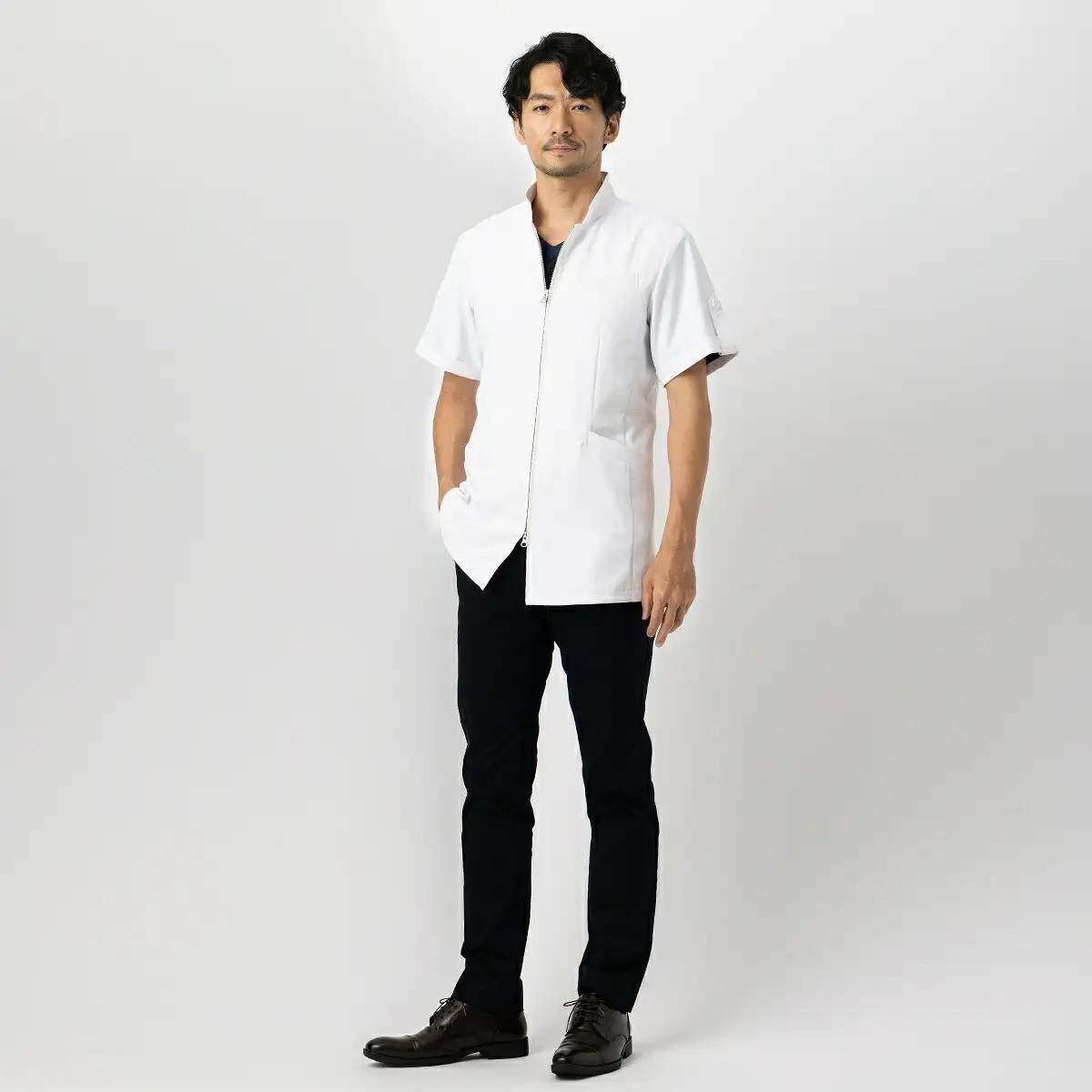 レピウスの白衣 【メンズ】 スタンドカラーZIP ショートジャケット [半袖] ストレッチ素材 / ネーム刺繍付き(サイズ：46サイズ)_0113-015-T04-2
