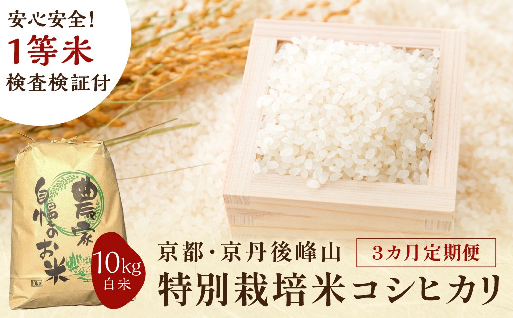 
                  【3ヶ月定期便】2026年産 京都・京丹後峰山 特別栽培米コシヒカリ 10kg 【白米】 1等米 検査済証付　お米 精米 お弁当 おにぎり 京都府産 白米 特別栽培 一等米 ふるさと納税 米 定期便 生産者応援 農家応援　MF00085
                