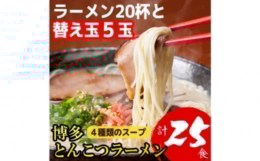 
            博多とんこつラーメン20杯分と替え玉5玉の計25食分！4種類本場博多スープ付き
          