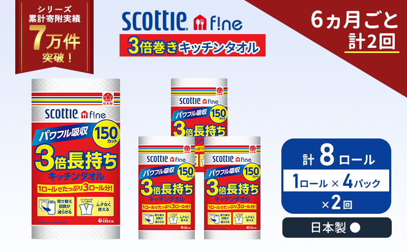 定期便 キッチンペーパー 4パック入 キッチンタオル スコッティ ファイン 1 ロール 3倍 150カット セット《6ヶ月ごと計2回》 ペーパータオル キッチン用品 節約 日用品 日用雑貨 備蓄 備蓄用 防災 災害 3倍巻き まとめ買い 宮城県 岩沼市