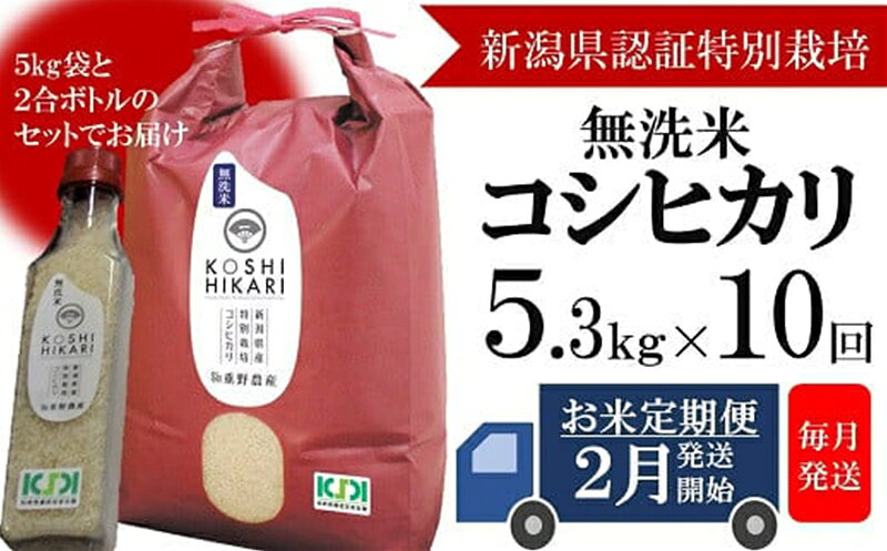 【ふるさと納税】【定期便・2月～発送】コシヒカリ 無洗米 5kg（ペットボトル米 300g 1本付き）×10回 （計 53kg）重ちゃんのお米[Y0253]【 新潟県 柏崎市 】