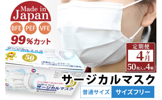 
《定期便4ヶ月》国内製造 高性能サージカルマスク 普通サイズ 50枚入り×4箱 (合計200枚)×4回 4か月 4ヵ月 4カ月 4ケ月
