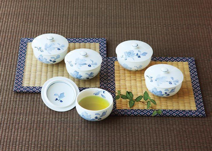 【AB1057】【波佐見焼】５個組の蓋付き来客お湯呑 辻が花 【西海陶器】１ １１54９