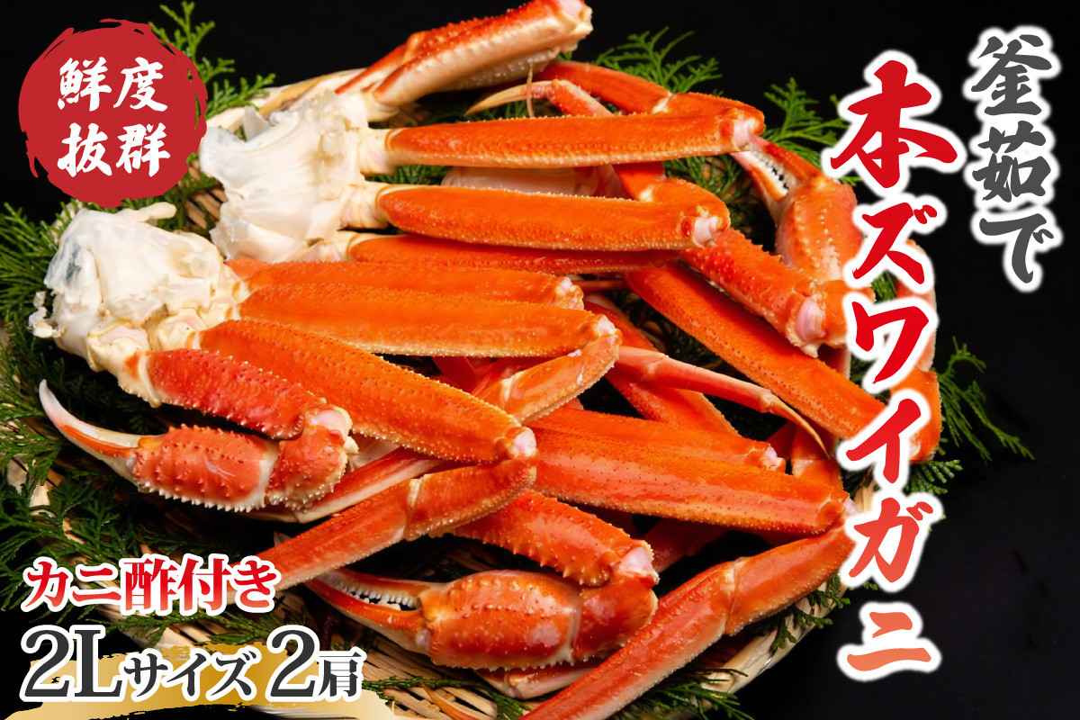 
            【到着日指定可、ゆでたて冷蔵便】大好評！カニ酢付き　厳選！！釜茹で　本ズワイガニ　２Lサイズ2肩　YK00198
          