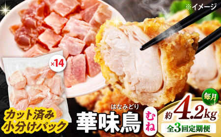 【3回定期便】華味鳥 むね肉 4.2kg（300g×14袋）小分け カット済み 南島原産 /　鶏肉 肉 とり肉 ムネ肉 鶏むね肉 冷凍 大容量 / 南島原市 / 株式会社渡部ブロイラー[SFS018]