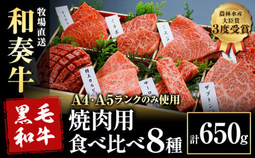 厳選 くまもと黒毛和牛 焼肉用食べ比べ8種 650g《30日以内に出荷予定(土日祝除く)》熊本県 大津町 くまもと黒毛和牛 和牛焼肉LIEBE 厳選部位 希少部位 特上カルビ サーロイン ザブトン 上