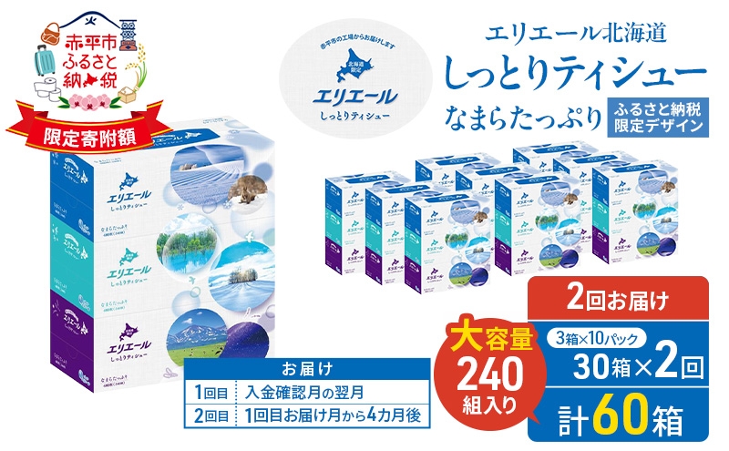 
                  【2回お届け 計60箱】エリエール 北海道 しっとりティシュー なまらたっぷり 240組3箱 10パック ふるさと納税限定デザイン ボックスティシュー 箱ティッシュ ペーパー 備蓄品 花粉 保湿成分 グリセリン配合
                