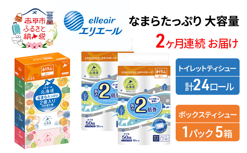 定期便 2ヵ月連続お届け エリエール [アソートK] なまらたっぷり 大容量 トイレットペーパー ティッシュ トイレ ボックスティッシュ 防災 ひとり暮らし 紙 常備品 備蓄品 消耗品 日用品 生活必需品 送料無料 赤平市 やわらかな肌触り 