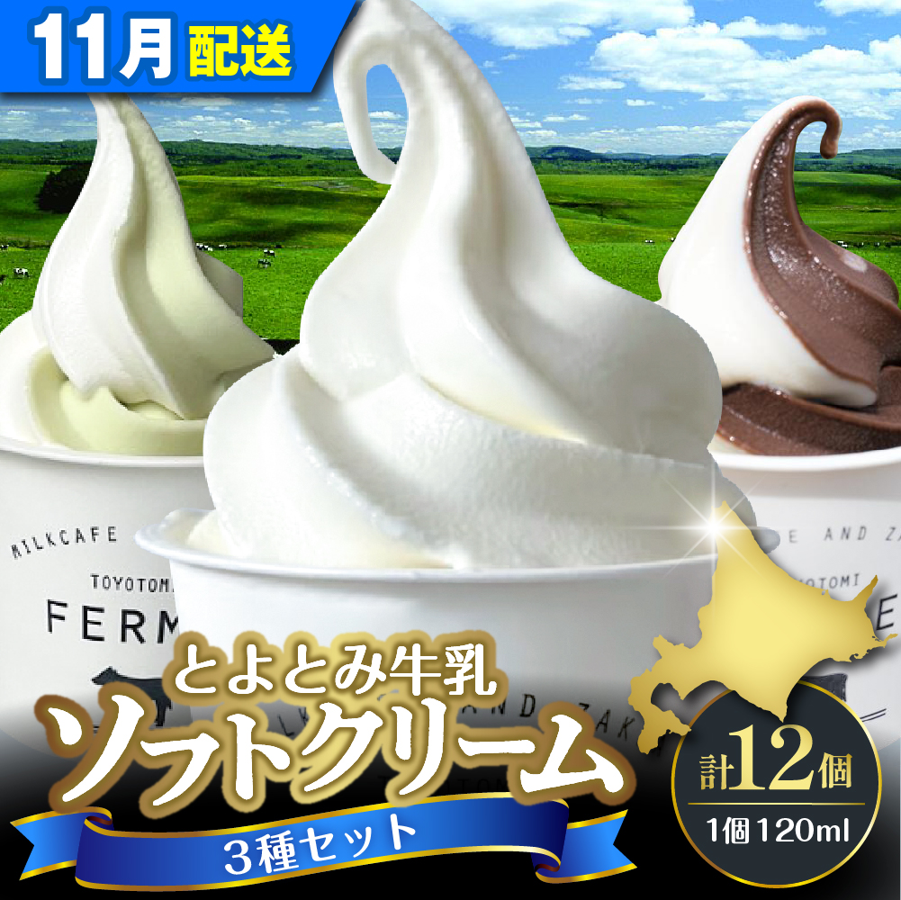 【2026年11月配送】とよとみ牛乳ソフトクリーム【ミルク／ショコラミックス／季節のミックス 各120ml 計12個】 【11月配送】3種 計12個
