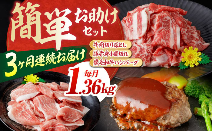 
お肉の定期便 簡単お助けセット (3ヵ月) 国産 牛肉 切り落とし 豚肉 小間切れ ハンバーグ 【(有)山重食肉】 [ATAP067]
