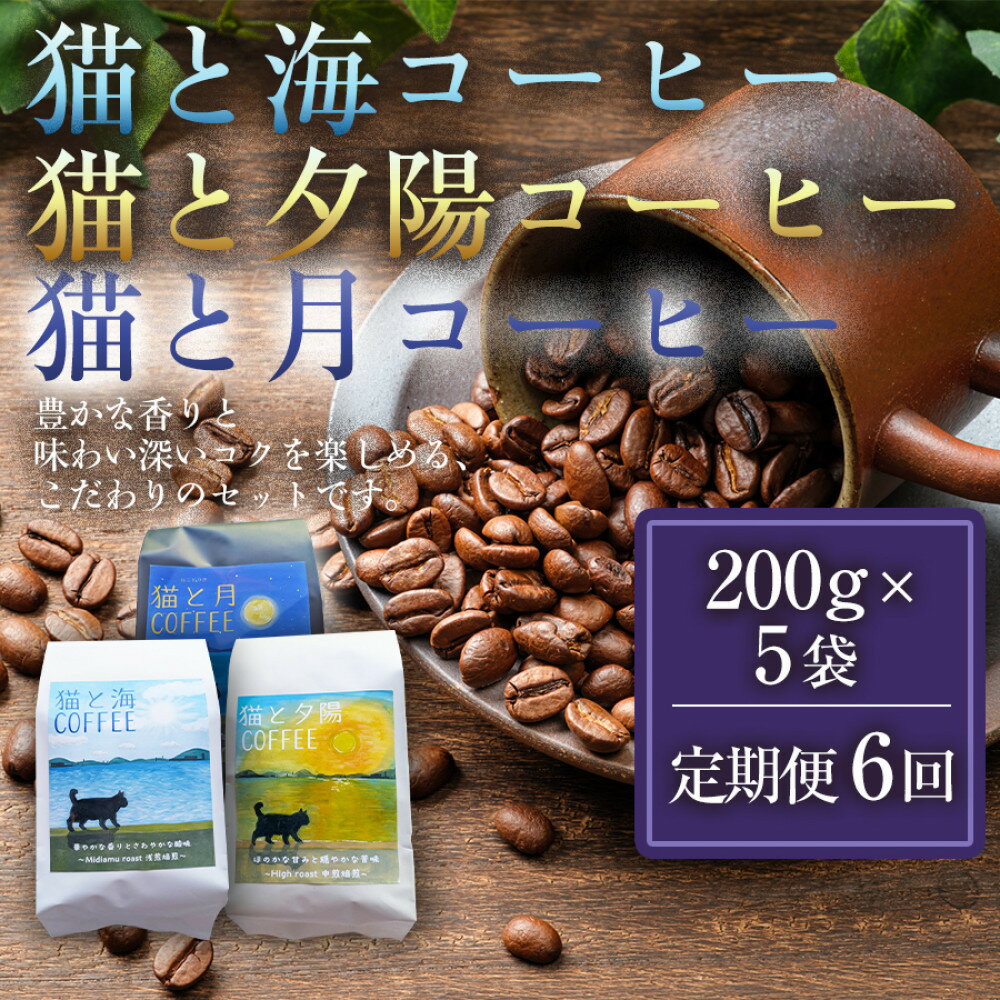 【ふるさと納税】【定期便全6回】 猫と海コーヒー（浅煎りブレンド）200グラム/猫と夕陽コーヒー（中煎りブレンド）200グラム/猫と月コーヒー（深煎りブレンド）200グラム 各5袋 1セット 香川県 高松市