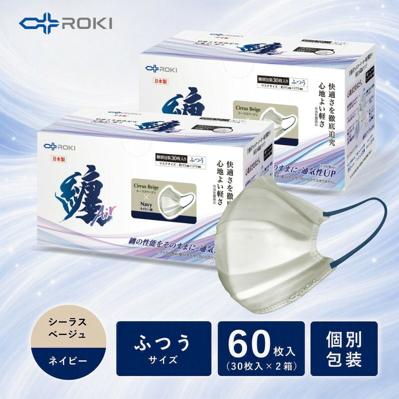 【ふるさと納税】不織布マスク 纏Air 60枚 30枚入×2箱 シーラスベージュ×ネイビー ふつうサイズ 日本製 消耗品 花粉 息がしやすい 耳が痛くなりにくい 個別包装 浜松市