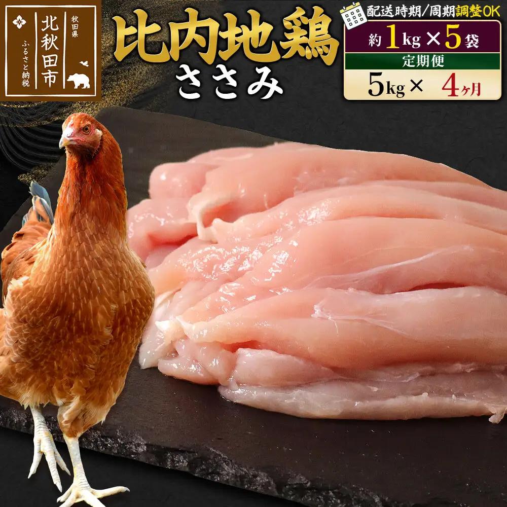 《定期便4ヶ月》 比内地鶏 ささみ 5kg（1kg×5袋）×4回 計20kg 時期選べる お届け周期調整可能 4か月 4ヵ月 4カ月 4ケ月 20キロ 国産 冷凍 鶏肉 鳥肉 とり肉 ササミ