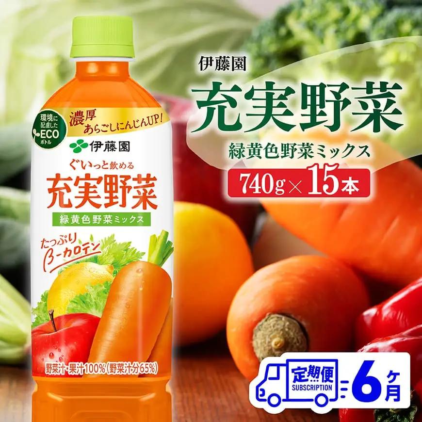 【6ヶ月定期便】伊藤園 充実野菜 緑黄色野菜ミックス（PET） 740g×15本 野菜ジュース 長期保存 備蓄 ヘルシー