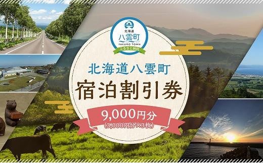 
            北海道八雲町　宿泊割引券3,000円分×3枚【 宿泊券 割引券 旅行 ホテル ホテルチケット 観光 宿泊 ご当地 八雲町 北海道 】
          