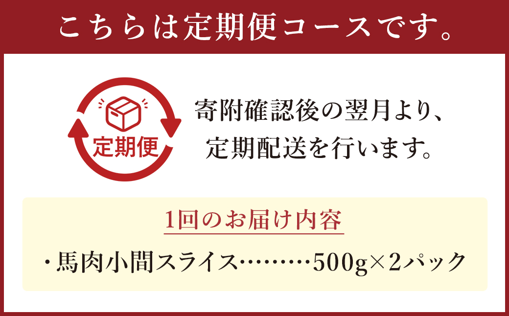 【6ヶ月定期便】 馬肉 小間スライス 約1kg（500g×2パック） 計約6kg 馬肉 肉 小間切れ こま切れ コマ切れ 小分け 熊本飼育 冷凍 定期便