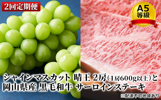 フルーツ 肉 2025年 晴れの国 おかやま シャイン マスカット 晴王 2房 と A5等級 黒毛 和牛 サーロイン ステーキ 2回 定期便