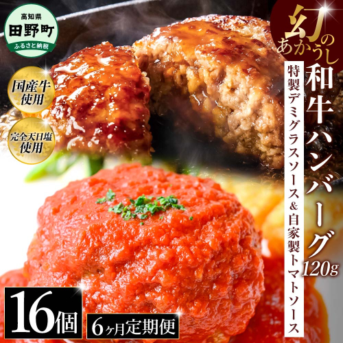 幻のあかうし和牛ハンバーグ 16個入り 6ヶ月定期便 1個120g 特製デミソース トマトソース付き 田野屋青蜂 白鯆 完全天日塩練り込み 肉 お肉 国産牛 おかず おいしい お取り寄せ 冷凍 配送 高知県 田野町
