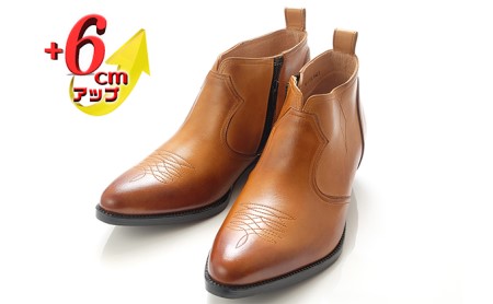 ウエスタンブーツ メンズ サイドファスナー カウボーイ ショート 6cm シークレットブーツ 本革 No.888 キャメル ファッション 靴 シューズ  BN003 24.0cm