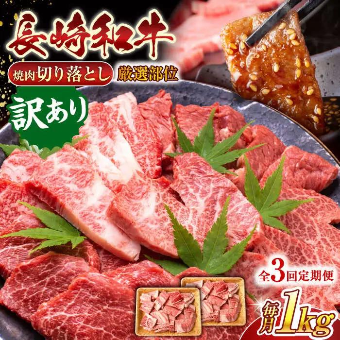 【全3回定期便】【訳あり】【A4~A5】長崎和牛焼肉切り落とし(肩ロース・バラ）　1kg（500g×2p）【株式会社 MEAT PLUS】[QBS042]