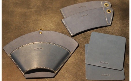 【minca】栃木レザーのカフェグッズ3アイテム5点セット 自宅、オフィス、キャンプシーンでのカフェタイムに/ブルー　678【日用品 人気 おすすめ 】