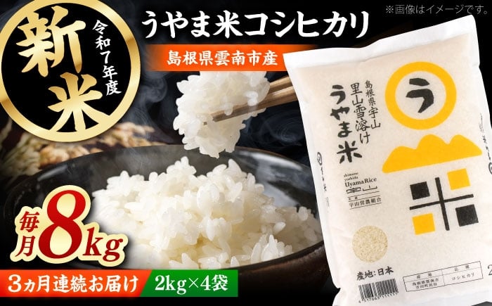 
            白米 【全3回定期便】神話の里/吉田町「うやま米」コシヒカリ 8kg（2kg×4）新米 白米 精米 コメ おすすめ 人気 お米 米 ごはん ご飯 食卓 主食 ブランド米 お取り寄せ グルメ ご当地米 贈り物 贈答 家族 ファミリー 定期便 小分け 便利 毎月お届け 8キロ おいしい 国産 新生活 ストック 毎日 お弁当 朝ごはん 島根県雲南市/有限会社藤本米穀店 [AIDB078]
          