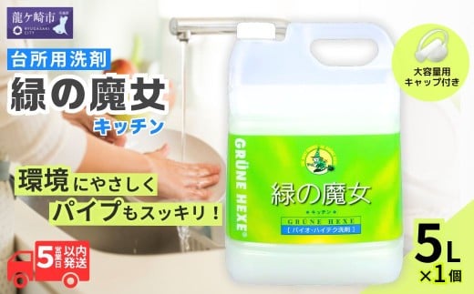 食器洗剤 排水口もスッキリ 緑の魔女 キッチン 5L (5L×1本) |  食器用洗剤 台所食器洗剤 食器 洗剤 食器用 台所用洗剤 台所洗剤 液体洗剤 食器用液体洗剤 キッチン用洗剤 キッチン パイプ パイプクリーナー 排水口 環境配慮 植物由来 天然素材 ヤシ油 エコ 環境にやさしい 油汚れ 詰め替え大容量 大容量用キャップ付き  除菌 防臭 ギフト 洗浄力 茨城県 龍ケ崎市