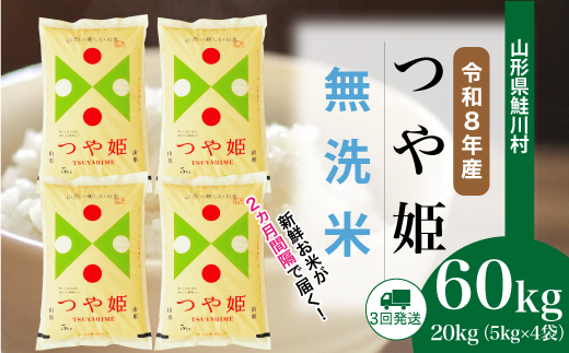 ＜令和8年産米＞ 令和9年5月上旬より発送  特別栽培米 つや姫【無洗米】60kg定期便(20kg×3回） 山形県鮭川村