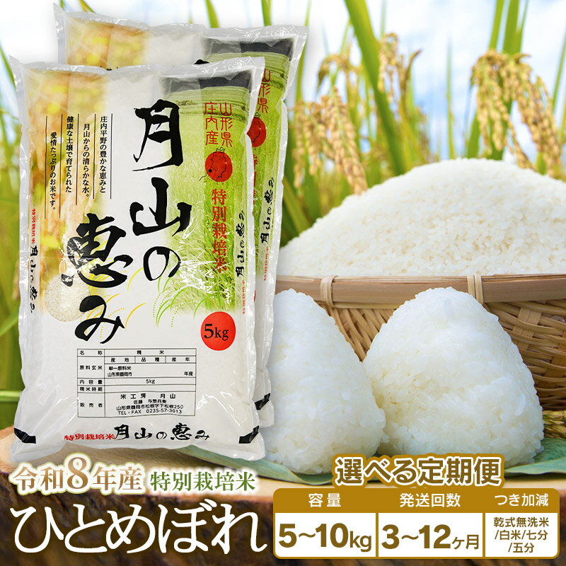 【ふるさと納税】【令和8年産先行予約】定期便　特別栽培米 ひとめぼれ 選べる容量（5kg・10kg）・発送回数（3・6・12回） 毎月1回中旬発送 | 山形県 鶴岡市 無洗米 白米 ブランド米 特産品 お取り寄せ お米 おこめ 5分つき