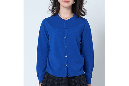 日本製 カシミヤ100% レディース クルーカーディガン ブルー Mサイズ [2570]