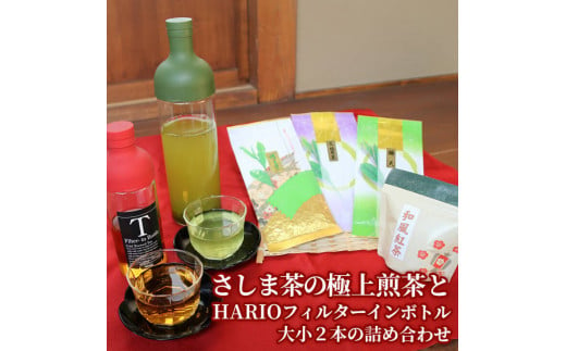 
水出しでおもてなし！さしま茶の極上煎茶とHARIOフィルターインボトル大小２本の詰め合わせ_BA05
