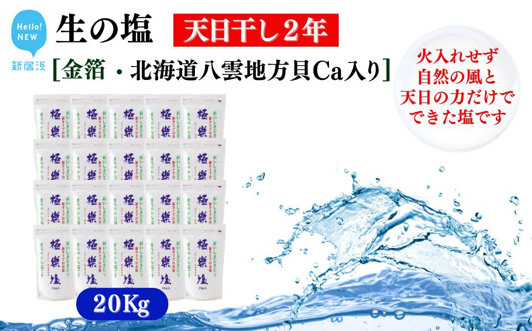 
                  天日干し２年 火入れしない生の塩 「極楽塩」 1kg×20袋 金箔 貝カルシウム入り 食べる楽しさを極め こだわりの製法 塩 食塩 食卓塩 海塩 調味料 ミネラル ソルト
                