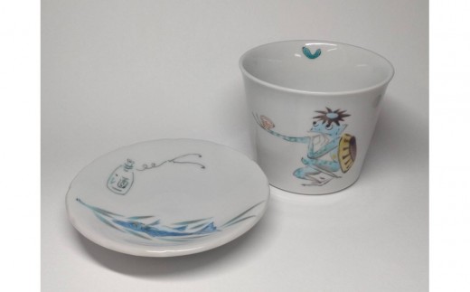 そばちょこ・小皿セット 河童の晩餐 宴 九谷焼 食器 グラス 小皿 九谷焼 河童 晩餐 宴 日用品 和食器 セット 陶器 和モダン 日本製 手作り 伝統工芸 職人技 デザイン 美術品 インテリア テーブルウェア 石川 金沢 北陸 復興支援 復興応援