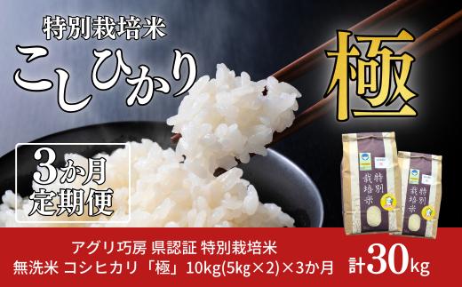 [定期便 10kg×3ヶ月] 県認証 特別栽培米 コシヒカリ 「極」 10kg 合計30kg 無洗米 令和7年産米 一等米 こしひかり 新潟県認証 白米 3か月連続でお届け 【071S004】
